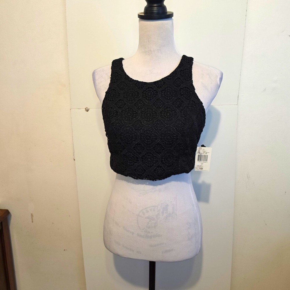 My Michelle Juniors 7 Black Floral Lace Cropped Tank Top Round Neck Zip Back